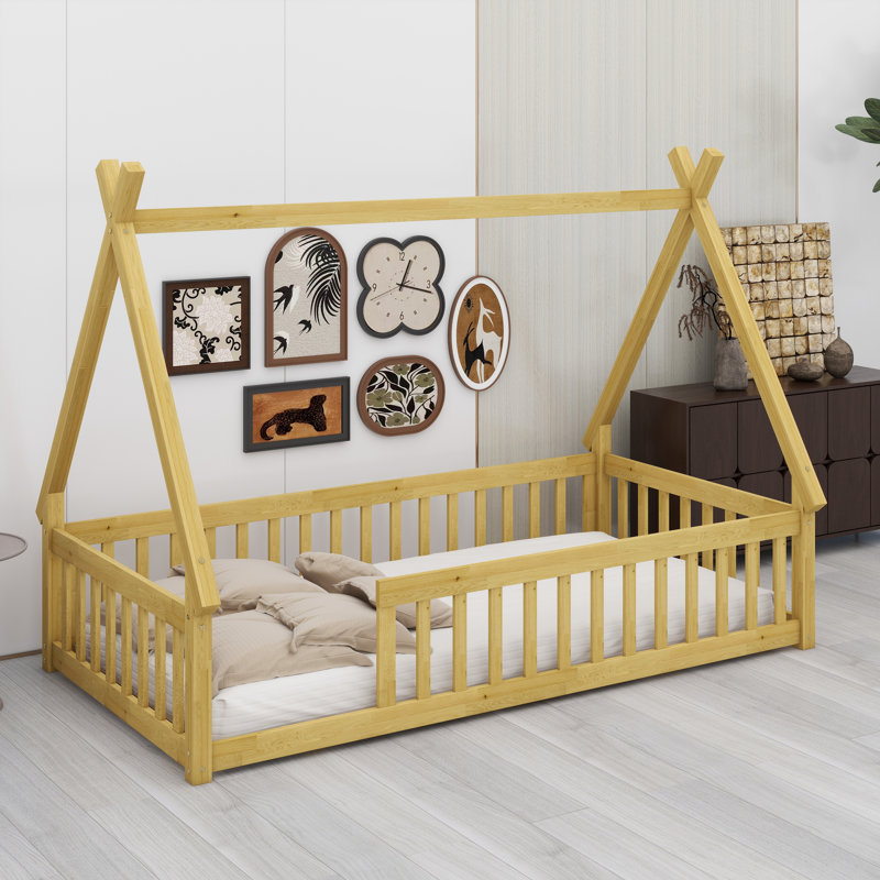 Tent-Style Floor Bed With Safety Guardrails And Built-In Slats, Natural