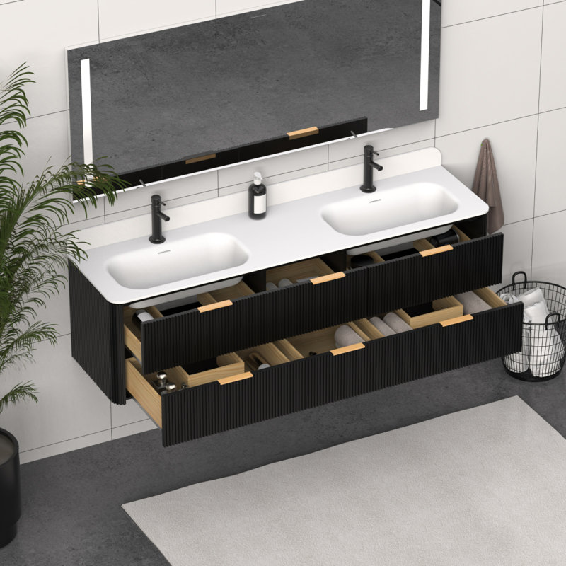 72 po Meuble-lavabo cannelé en chêne noir avec lavabo intégré et quincaillerie dorée, Noir, 72"
