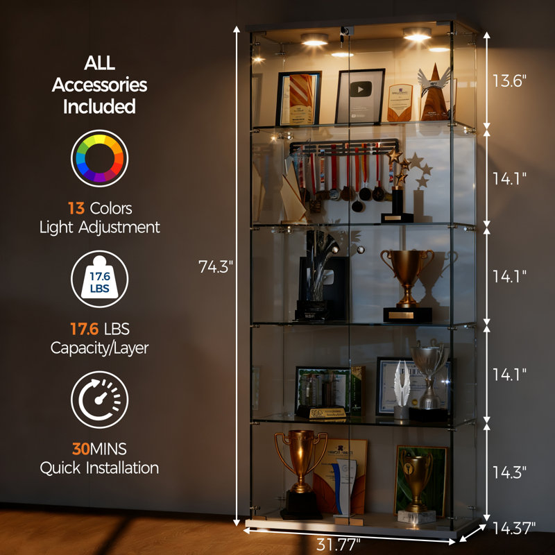 5-Tier Display Cabinet with Dual Glass Doors, Cabinet Display Case Tempered Glass Curio Cabinet with Human Body Sensor & 3-Color LED Lights for Collectibles, Wine, Living Room (White）