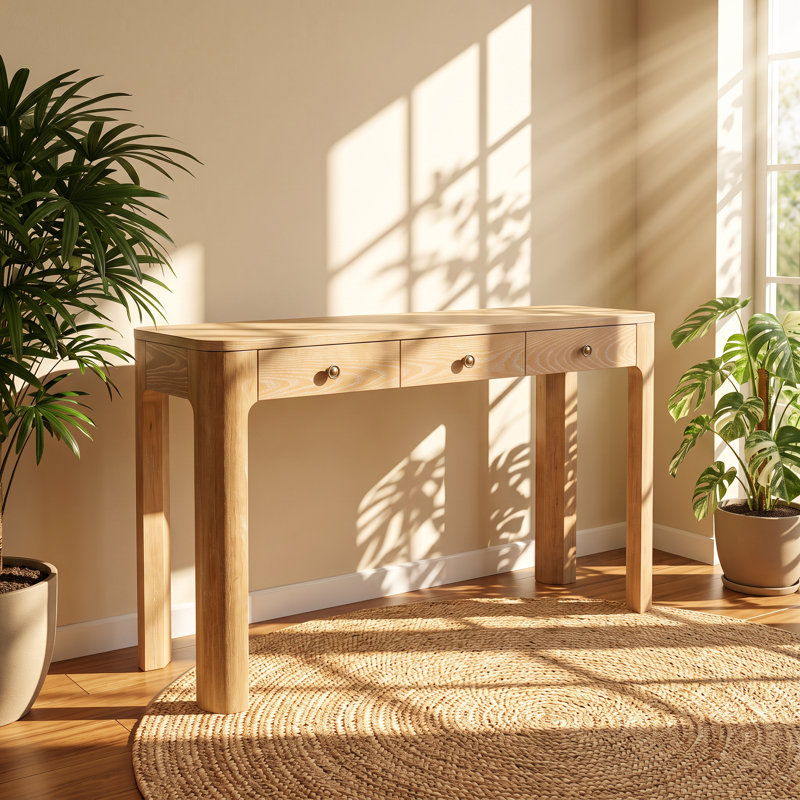 52 " W Console Table, Natural Wood / Tan