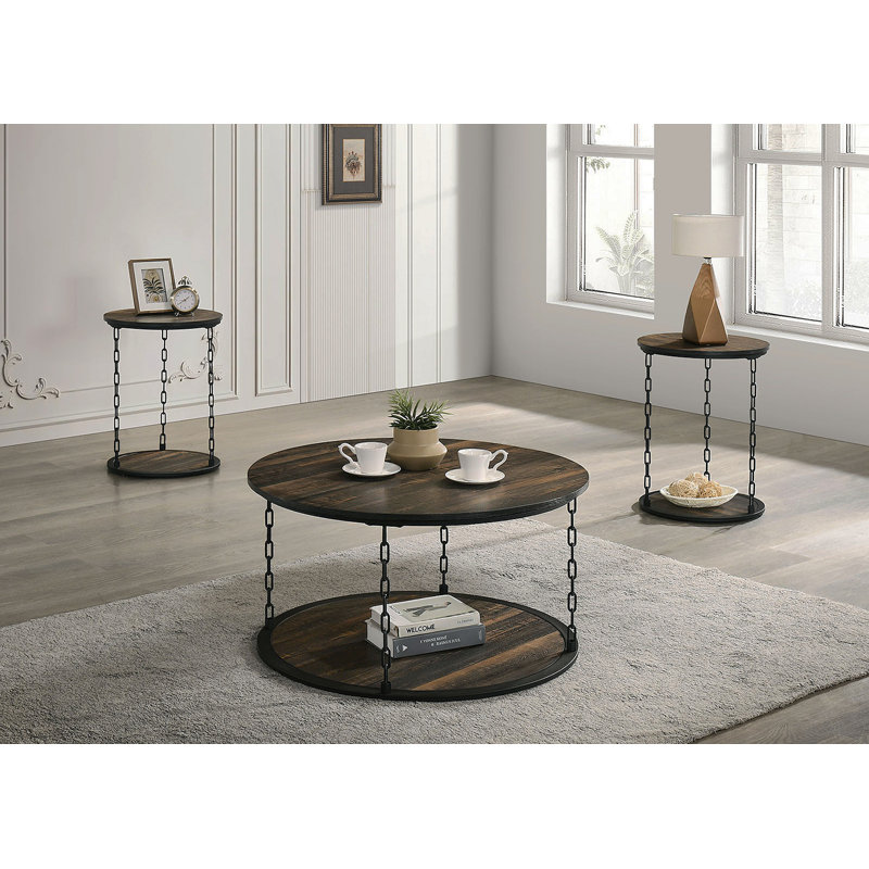 Ensemble de table rustique de style rustique 3 pièces 1 table basse 2 tables de bout décoratives à deux niveaux avec rangement brun foncé
