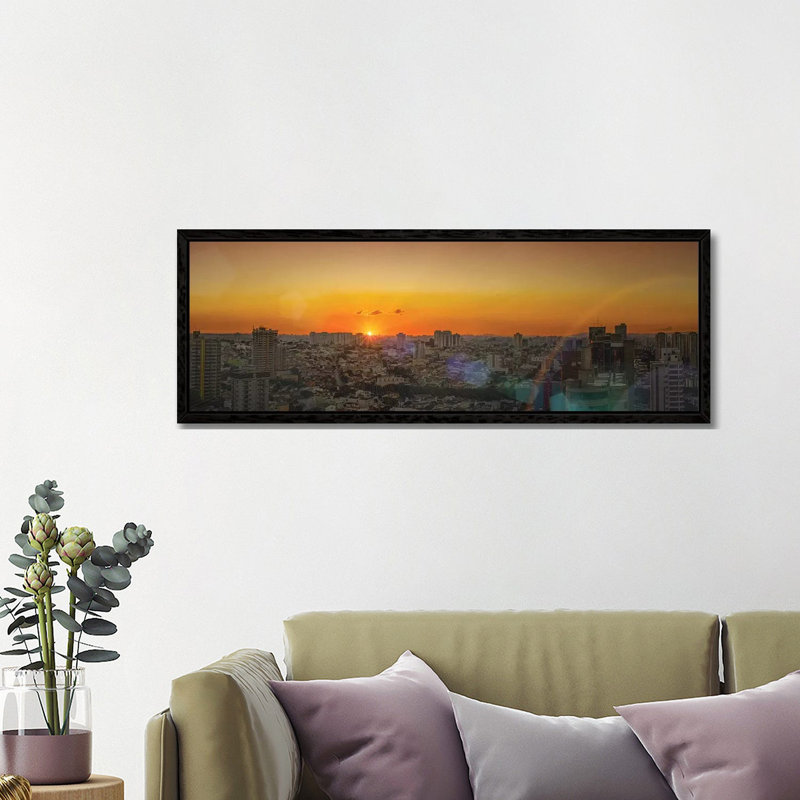 Sunset At City by Glauco Meneghelli - Panoramic Print on Canvas, 121.92 cm H x 40.64 cm W, Brown Floater Frame