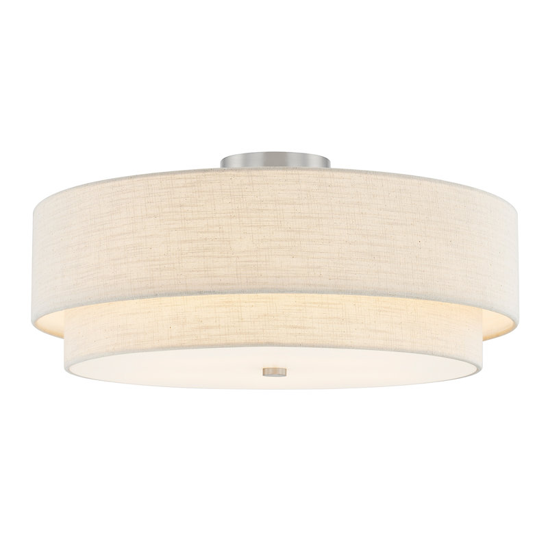 Textile-Classic Tiered Drum Semi-Flush - Linen Fabric Shade - 22”L x 22”W x 9.5”H, Cream