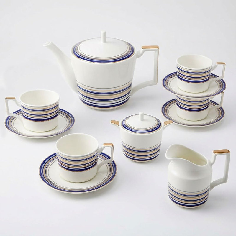 11 Piece White Ceramic Tea Set, White