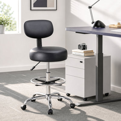 Adjustable Rolling Drafting Stool with Backrest, PU Leather Swivel Chair with Foot Ring and Wheels