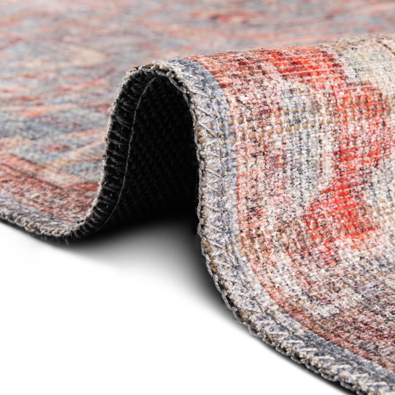 Square Antique Blue and Coral Floral Cotton Chenille Area Rug