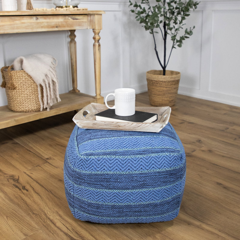 Pouf carré rayé en coton tissé - 14 po, Bleu