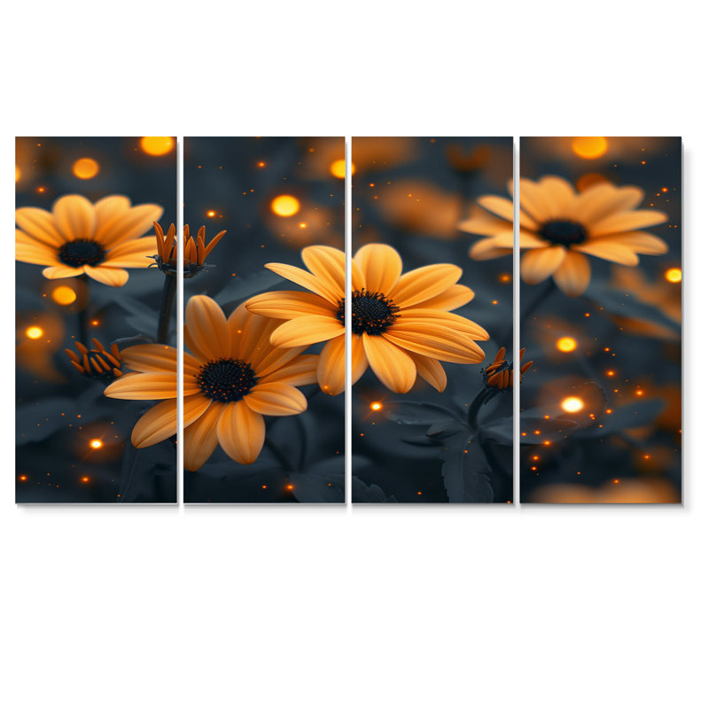 Fleurs jaunes monochromes dans un champ brumeux II - marguerites, ensemble d'art mural, H 28 po x l 48 po