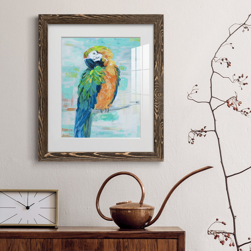 Island Parrot II - peinture encadrée, H 20 po x l 17 po x P 1,5 po, Encadré de bois de noyer