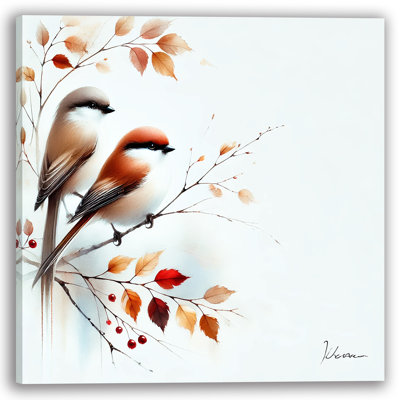 "Deux oiseaux avec feuilles d'automne", art mural sur toile