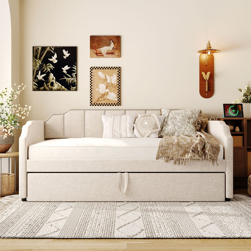 Twin Size Upholstered Daybed with Pop-Up Trundle & USB Charging Ports, Beige, Beige