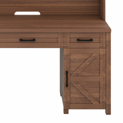 Sliding Barn Door Executive Desk with Hutch & Charging Station, Home Office Computer Desk with 5 Drawers and Storage Cabinet