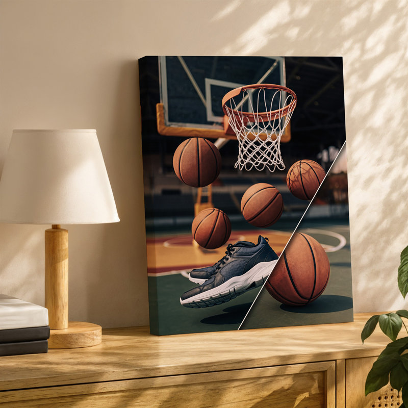 Toile, collage dynamique mettant en valeur l'essence du basketball, présentant divers éléments d'art mural comme un panier de basketball