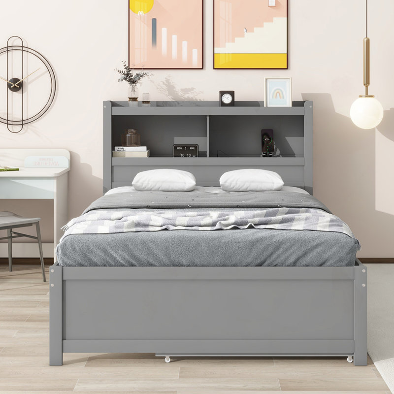 Lit plateforme double avec lit gigogne et tiroirs, Gris