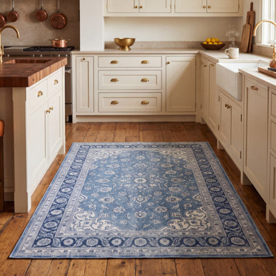 Tapis Vale traditionnel persan bleu en polyester lavable