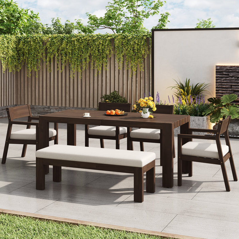 6 - Piece Patio Dining Table Set With Bench, Long Dining Table With Umbrella Hole, Solid Wood, Cushioned Armchairs, Modern Farmhouse, Outdoor Use