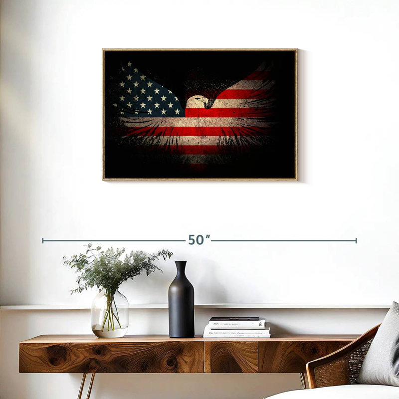 Aigle américain et drapeau, Cadre flottant en bois naturel, 31 po x 21 po