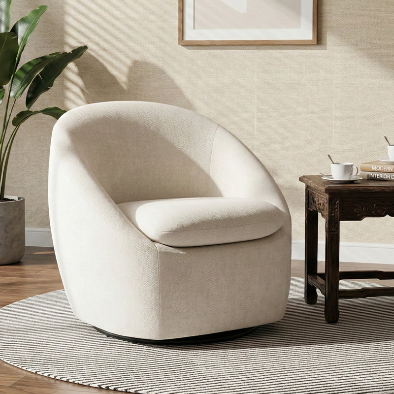 Modern Upholstered Swivel Barrel Accent Chair With Chenille Fabric, Beige