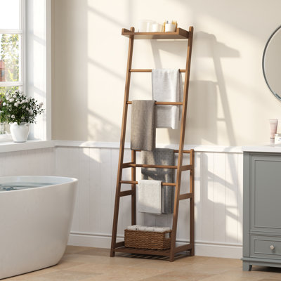 Porte-serviettes, échelle en bambou avec 5 barres de suspension et tablette de rangement, noyer