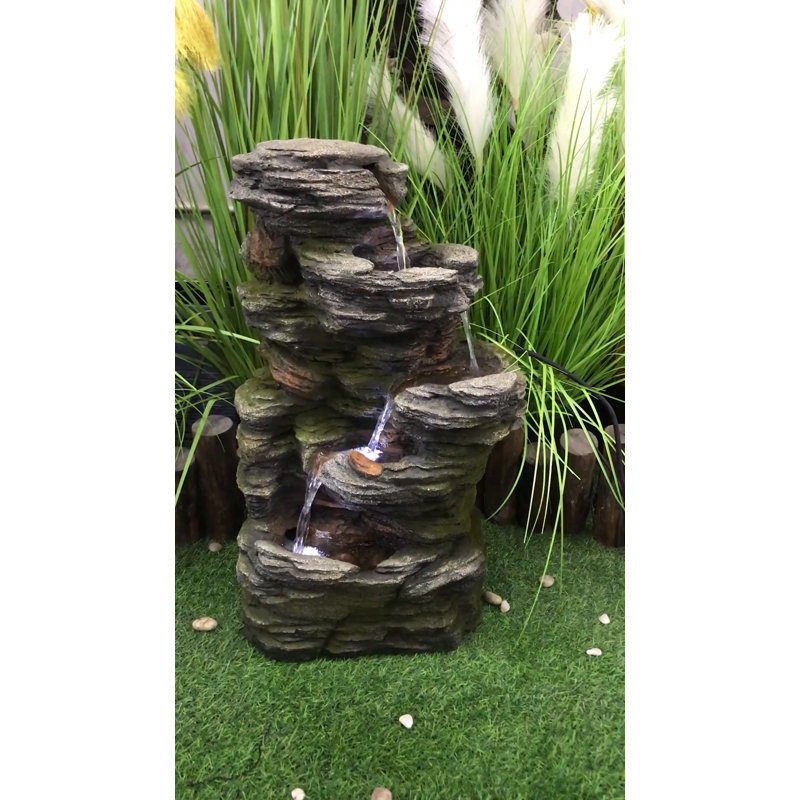 Multilevel Stone Outdoor Fountain with Cool White LED Lights