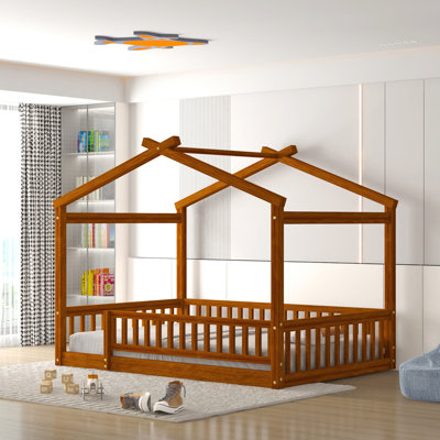 Structure de lit double avec clôture, finition noyer, pin, concept de maisonnette pour une aire de sommeil confortable Clôture en bois et adolescents, solide