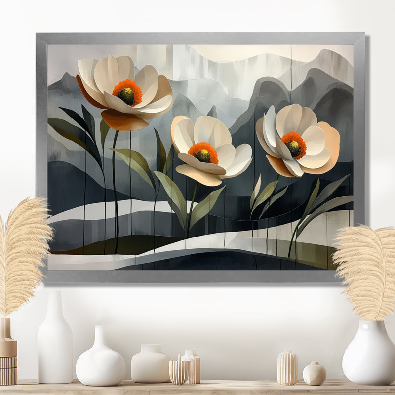 Fleur géométrique de Renoncule I - Art mural Renoncule, H 24 po x l 32 po, Cadre simple argenté