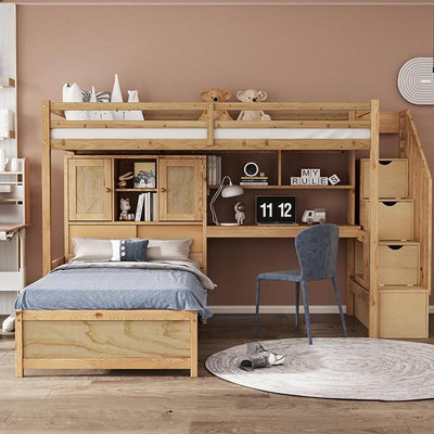 Twin Over Twin Loft Bed With Built-In Desk And Staircase, With Storage Compartments And Shelves