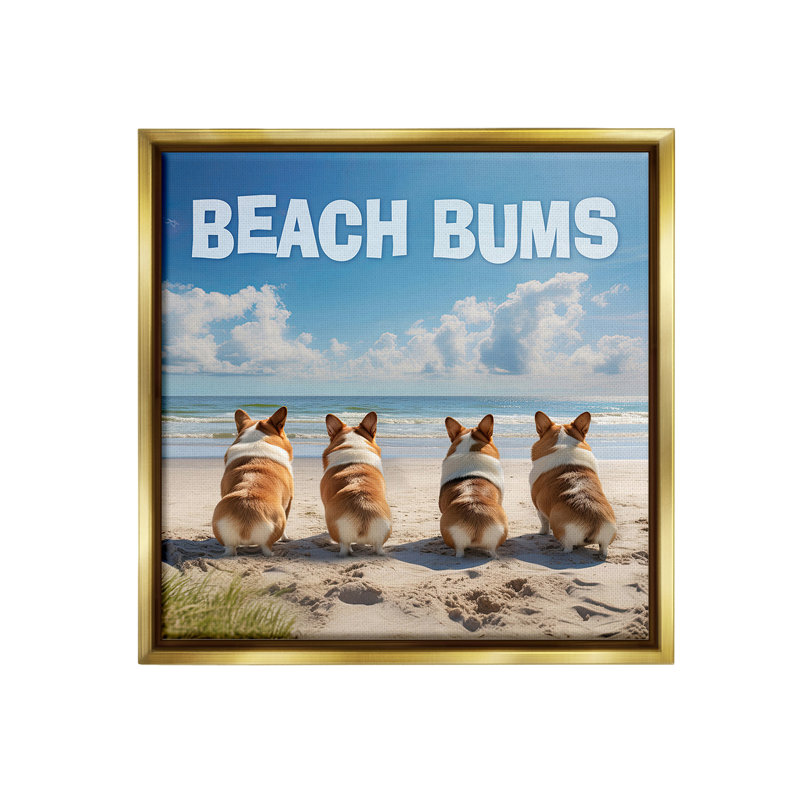 "Beach Bums Corgis" par Jim Baldwin sur, Cadre flottant métallique doré, H 18 po x l 18 po