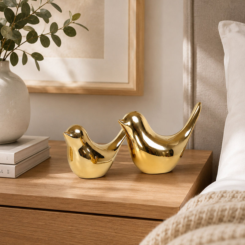 2-Piece Gold Ceramic Bird Figurine Set