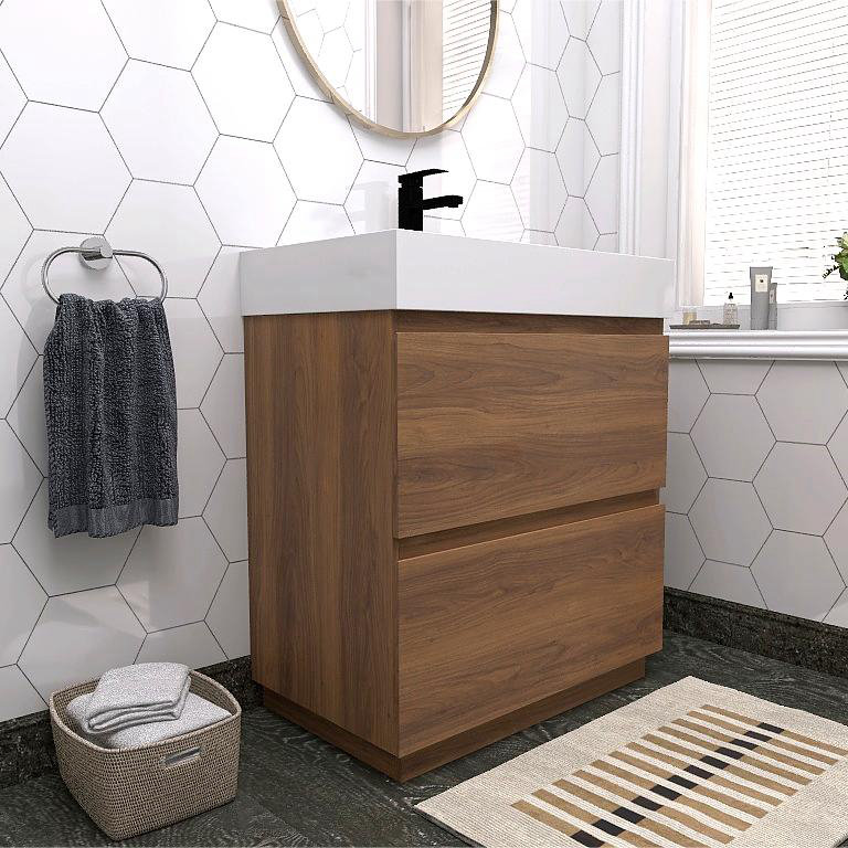 Ensemble de meuble-lavabo simple 30 po avec plateau en résine Ayhm, Brun