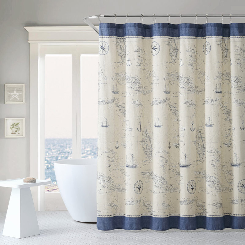 Rideau de douche, tissu 100% coton durable au toucher moyen, décor bord de mer (bleu mer des Caraïbes, 72 po x 72 po)