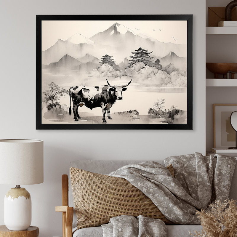 Asian Art Cow Sumi I, reproduction d'art sur toile, H 16 po x l 32 po x P 1 po, Cadre photo noir