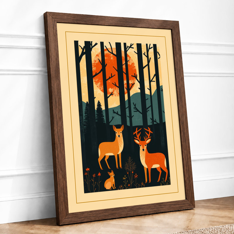 Deer at Sunrise Japandi - Framed Print, Walnut, A1 - 84.1 x 59.4 cm