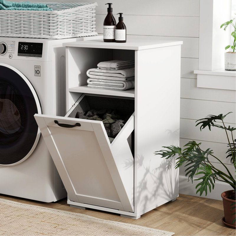 White Laundry Cabinet With Divided Compartments And Removable Liner, Keeps Room Clean During Time, 15.77 In Width, Depth, 30.41 Height, 34.09 Lb Liner For Simple Management, Fits Tight Spaces, Open