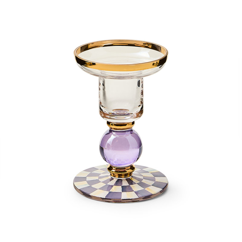 Violet Check Large Glass Candlestick, 4.25" H x 2.75" W x 2.75" D