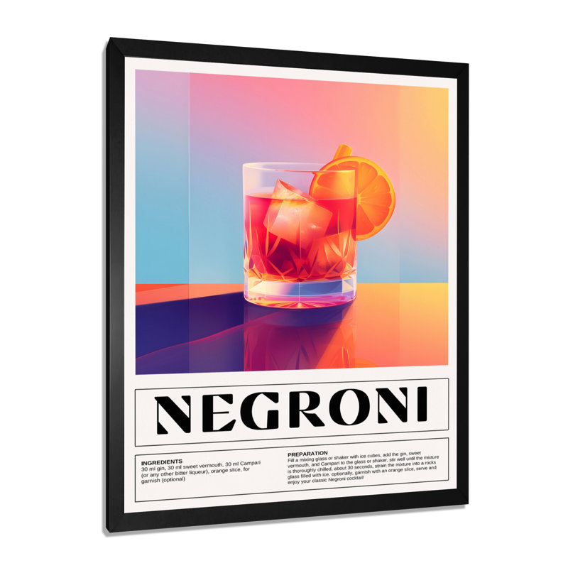 Décoration murale verre à l'ancienne «Negroni On The Rocks», H 20 po x l 12 po x P 1 po, Toile encadrée noire simple