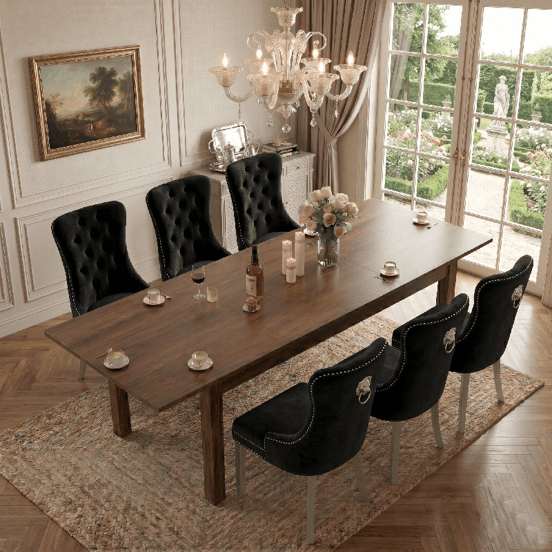 Ensemble de table de salle à manger extensible 106 pouces Banstead avec 6 chaises de salle à manger capitonnées en velours