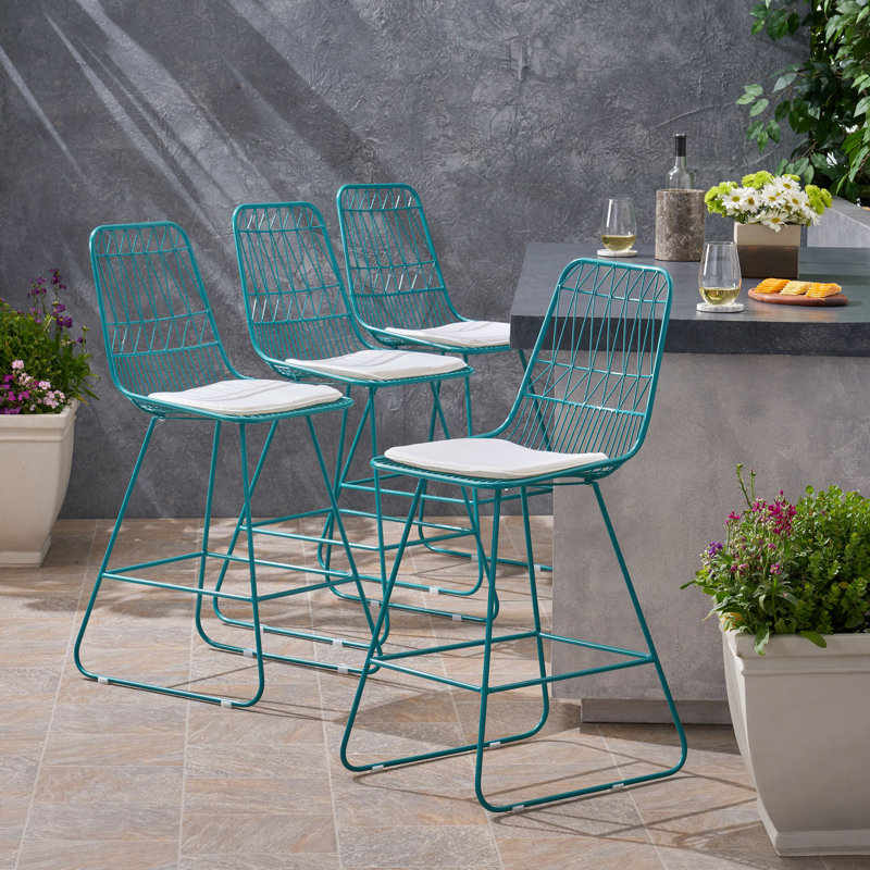Metal Outdoor 26.25'' Counter Stool with Cushion, Teal, 4