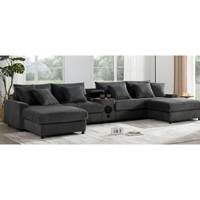 Canapé modulaire en velours côtelé 141,5 * 64 po avec haut-parleurs Bluetooth, canapé en U avec console, chargeur USB, porte-gobelets, rangement, repose-pieds, canapé à sièges profonds et larges pour salon et appartement