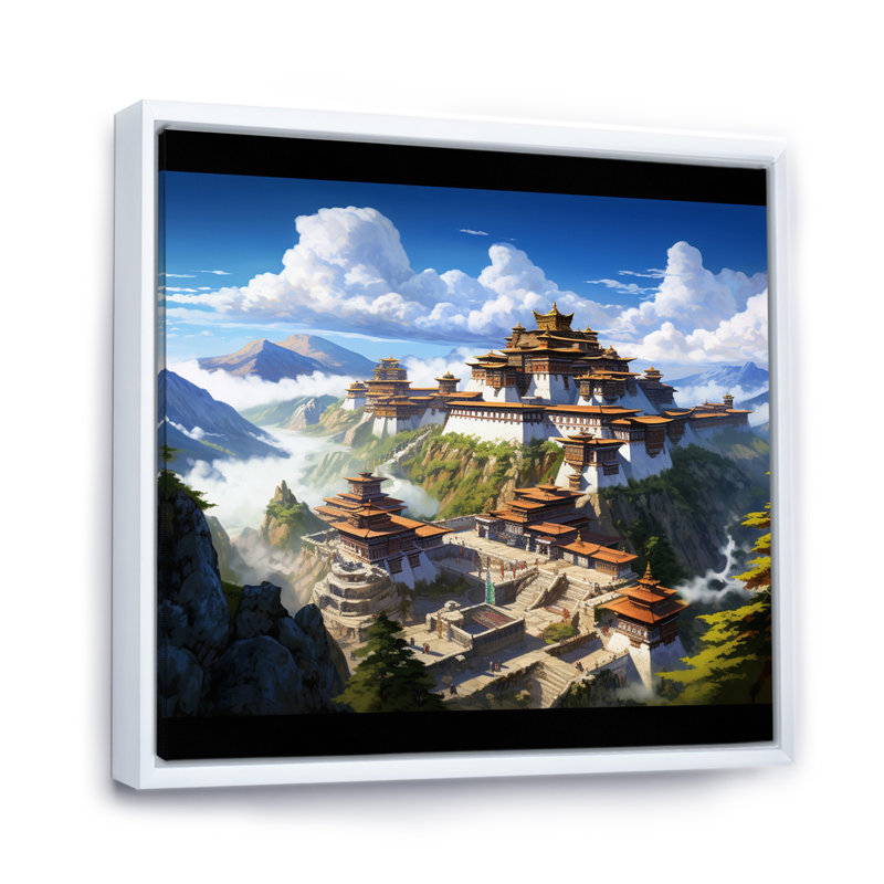Art asiatique, monastère tibétain I sur toile, Cadre flottant blanc, H 24 po x l 24 po x P 1 po