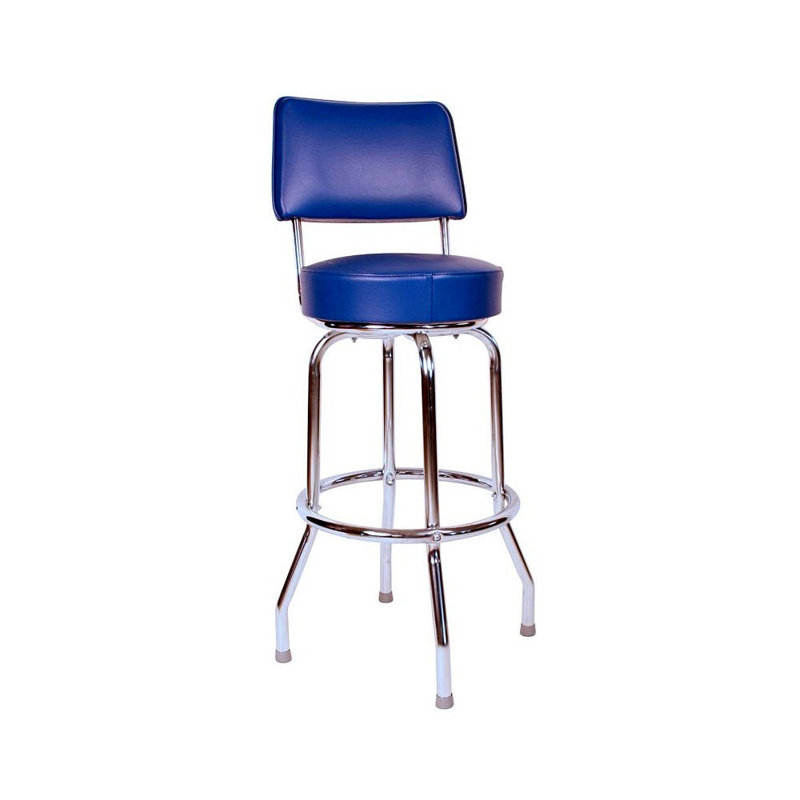 Retro Blue Upholstered Swivel Bar Stool with Metal Frame