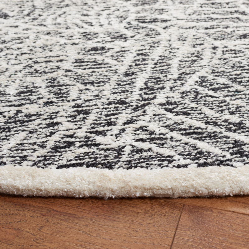 Tapis floral en laine / soie de bambou touffeté à la main avec envers en coton ivoire / noir Geesey, Rond 6 pi