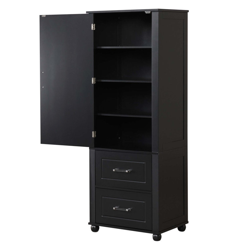 Black Painted MDF Tall Bathroom Storage Cabinet, Freestanding Unit With 2 Drawers & Adjustable Shelf, Black