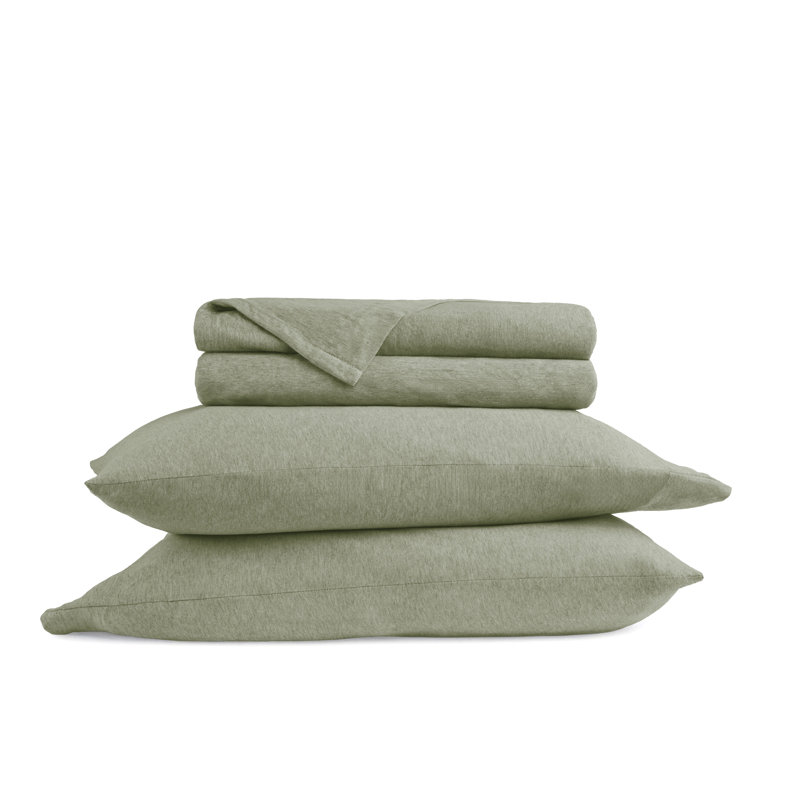 4 Piece 100% Cotton Jersey Knit Sheet Sets, Sage, Twin XL Sheet Set + 1 Fitted Sheet + 1 Pillowcase