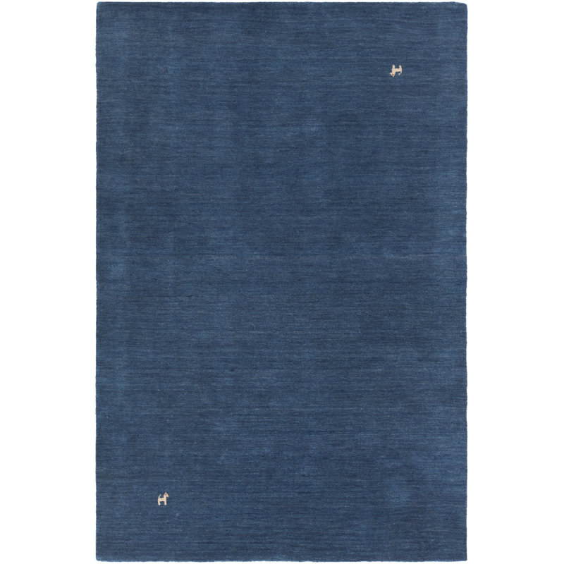 Tapis bleu uni en laine noué à la main Stockstill, Rectangle 5 pi x 7 pi 6 po