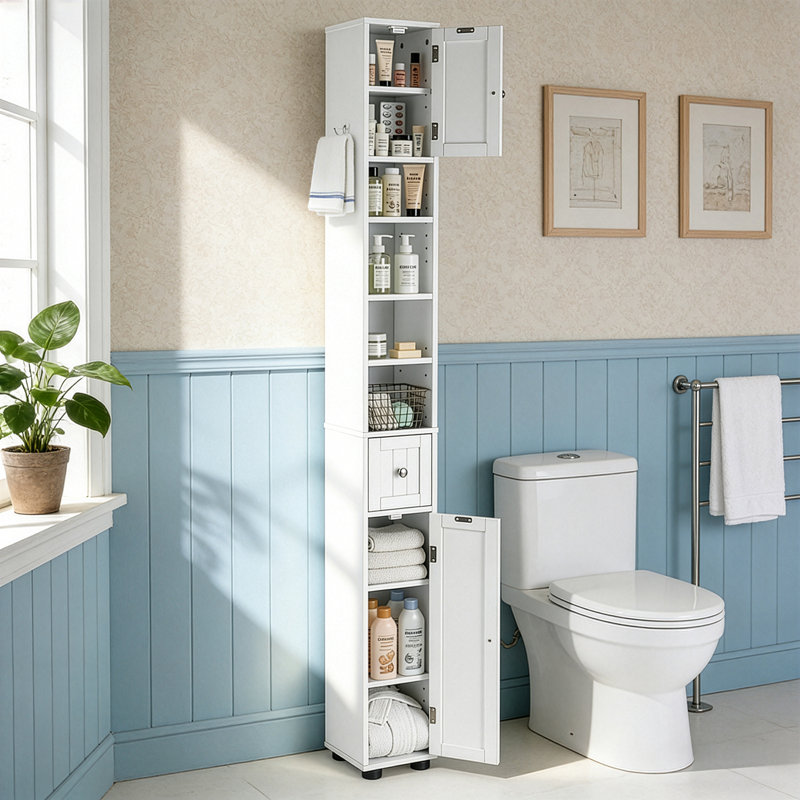 White Bathroom Storage Cabinet Narrow With 1 Drawer 2 Doors 4 Tiers