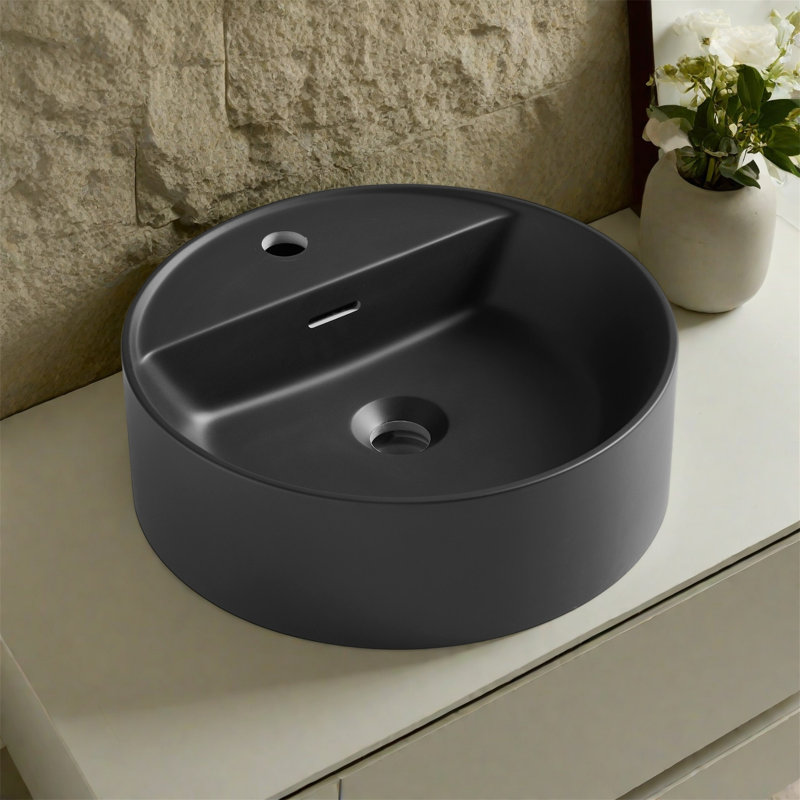 Évier vasque 16 "à surface solide ronde, noir, marbre artificiel, trou de robinet, sans armoire, Black