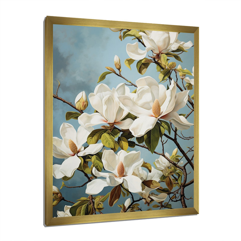 Blanc, jaune, magnolia, magnolia, harmonie - magnolia, art mural, Cadre doré simple, H 40 po x l 30 po x P 1,5 po