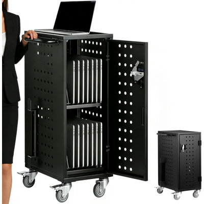 Chariot de charge verrouillable sur roulettes pour 16 à 20 appareils - Station de charge mobile pour ordinateur portable / tablette / Chromebook avec rangement ventilé en métal, pouvant accueillir jusqu'à 15,6 po, convient à une salle d'étude
