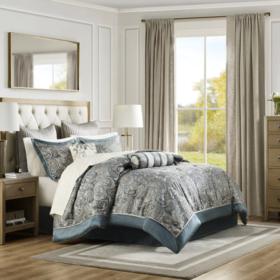 King Size Comforter With 12 Pieces And Teal Cotton Sheets. Includes Comforter, 2 Shams, Euro Throw Pillows, 1 Bed Skirt, Fitted Sheet, Flat Pillow Cases. 100% Microfiber Reverse, Filling. 200tc